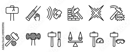 Set of black line art icons representing concepts of destruction, force, impact, and repair with tools like hammers, chisels, and safety goggles in a minimalist vector style