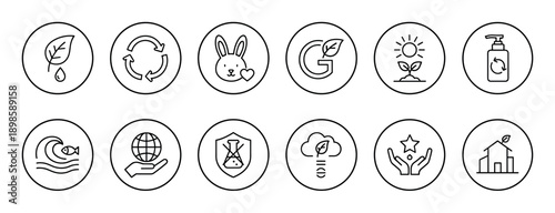 Set of twelve eco-friendly and sustainability icons in a minimalist thin line style representing recycling, cruelty-free, organic, and natural product concepts