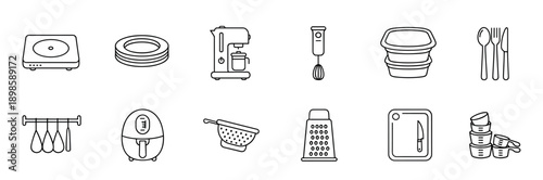 Kitchenware and appliance line icon collection with a coffee machine, air fryer, hot plate, blender, cutlery, grater, and various cooking tools in a minimalist style