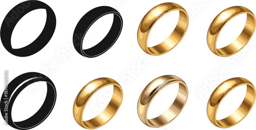 Gold and black ring set vector illustration, realistic shiny wedding bands collection, luxury jewelry design isolated on white background