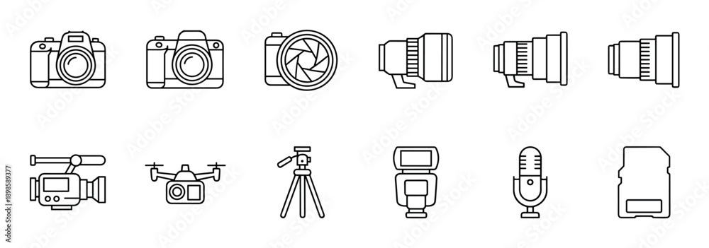 Fototapeta premium Set of photography and videography gear icons including a camera, lens, drone, tripod, flash, microphone, and memory card, presented in a clean minimalist outline illustration