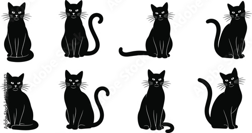 Black cat silhouette vector illustration set, sitting domestic cats in different poses, cute feline icons isolated on white background