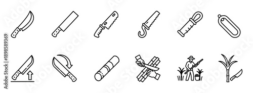 Collection of sugarcane harvesting line icons showing various machetes, knives, a farmer, and cane stalks, presented in a clean, minimalist, and editable vector style
