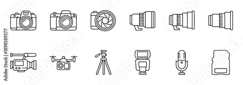 Set of photography and videography gear icons including a camera, lens, drone, tripod, flash, microphone, and memory card, presented in a clean minimalist outline illustration