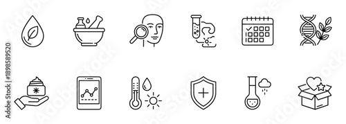 Set of black line icons for cosmetics and dermatology, illustrating concepts like natural ingredients, skin analysis, lab research, daily routine, and product protection