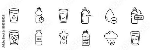 Water drinking and hydration line icon set showing glasses, bottles, and symbols for a healthy lifestyle, water balance, and daily intake schedule for wellness and health concepts