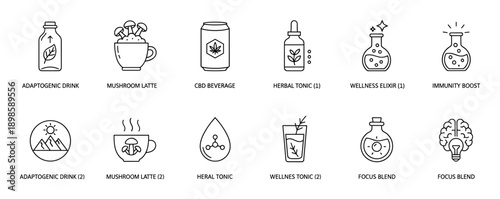 Collection of minimalist black line art icons depicting various wellness drinks and health supplements like adaptogens, mushroom coffee, herbal tonics, immunity elixirs, and focus blends