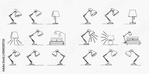 Set of hand-drawn doodle lamps, including desk lamps, table lamps, and bedroom lighting, isolated on a transparent background.