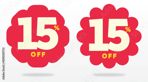 15% off, sticker, banner, percent, price, value, balloon, advertising, shop, tag, sale, promo, discount, special, offer. Set, icon, vector, market, red