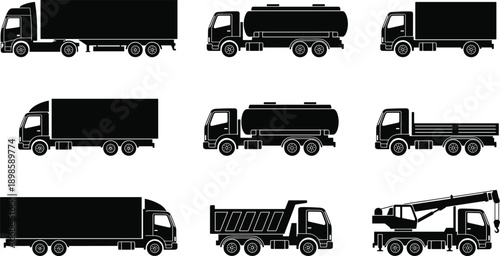 Commercial truck silhouettes vector set, delivery tanker dump crane vehicles, logistics transportation fleet icons, black isolated illustration