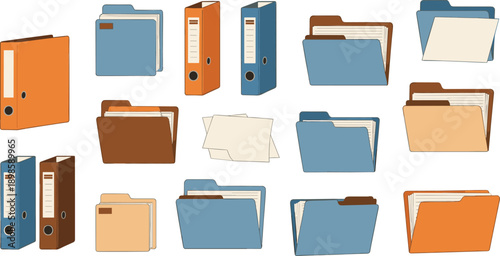 Office folder and file storage illustration set with binders, document organizers and archive paperwork icons for business design