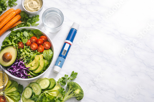 A vibrant salad bowl full of greens, avocado, cucumber and tomatoes sits beside a glucose meter on a marble surface. Fresh, healthy meal ideas for diet, wellness, and diabetes care.