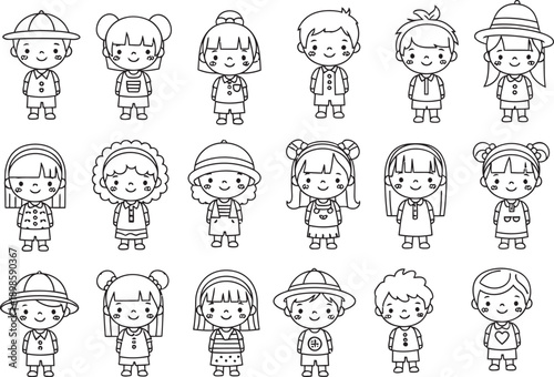 A collection of 15 unique cartoon characters in various outfits and hats