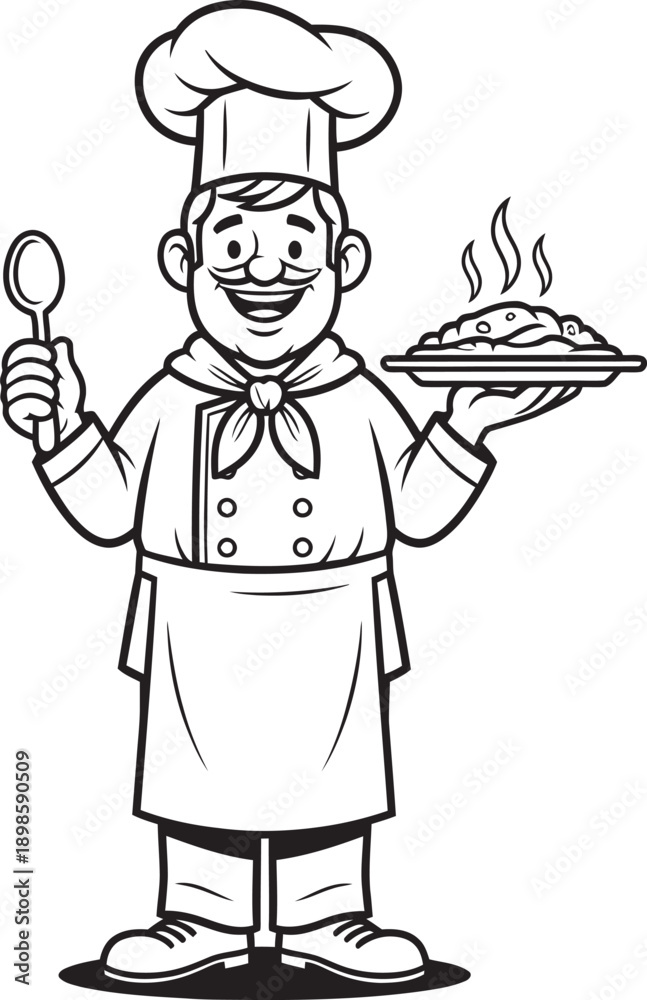 Naklejka premium A cheerful cartoon chef holding a plate of food and a spoon