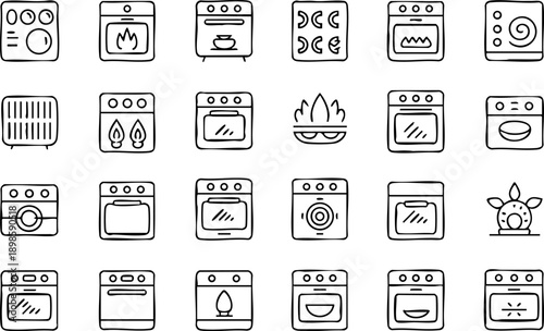 Collection of various household and kitchen appliance icons in line art style