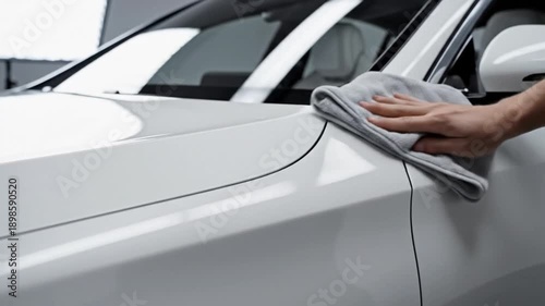 Man wiping white car body with microfiber cloth