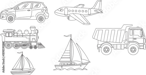 A collection of six vehicle illustrations including a car airplane truck tank sailboat and submarine