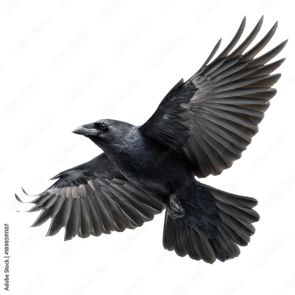 Naklejka premium Majestic Crow in Flight with Outstretched Wings, Capturing the Beauty and Power of Nature ,isolated on transparent background