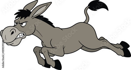 Angry donkey cartoon illustration, jumping wild mule character with aggressive expression, funny farm animal vector isolated on white background