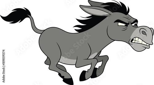 Angry donkey cartoon illustration, running wild mule character with fierce expression, funny farm animal vector isolated on white background