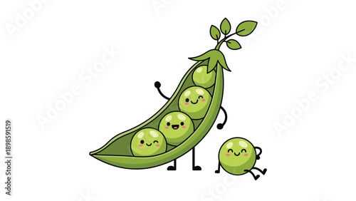 Group of cheerful green pea characters with cute faces interact inside and outside of a giant pea pod in this whimsical garden illustration.