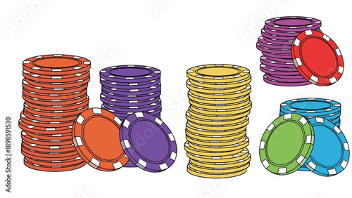 Multiple stacks of colorful casino chips in red, purple, yellow, green, and blue are arranged together for a gambling or gaming concept.