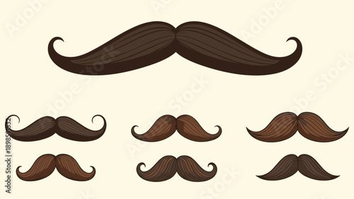 Comprehensive set of various moustache styles and shapes rendered in dark brown tones, perfect for character design and grooming concepts.