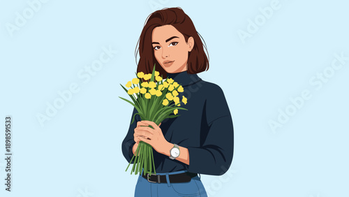 Beautiful woman with short brown hair holds a large bouquet of yellow flowers while wearing a stylish navy blue turtleneck and denim jeans.