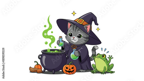 Adorable grey kitten dressed as a witch brews a glowing green potion in a cauldron beside a surprised frog and festive orange pumpkins.