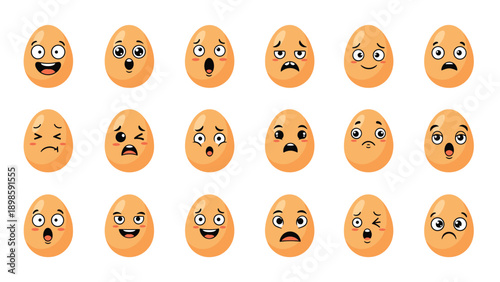 Large collection of brown eggs featuring a wide range of funny facial expressions and emotions, from happy and surprised to sad and angry.
