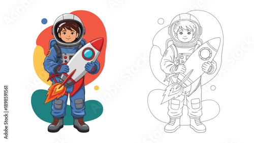 Young boy in a full astronaut suit holds a colorful toy rocket next to its black and white outline version for educational coloring activities.
