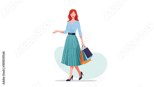 Stylish woman with red hair carries several shopping bags while walking confidently, wearing a light blue top and a pleated green midi skirt.