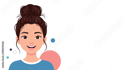Smiling young woman with dark hair styled in a high bun appears happy and confident against a minimalist background with decorative dots.