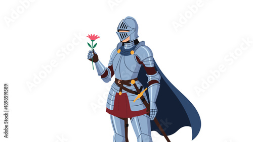 Brave knight wearing a full suit of silver armor and a navy blue cape holds a delicate pink flower in a gentle and romantic gesture.