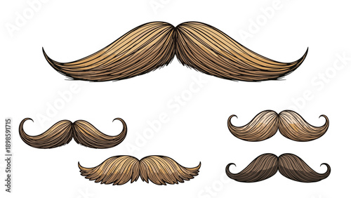 Detailed set of several moustache styles in various shades of brown and blonde, rendered in a hand drawn sketch style for grooming ads.
