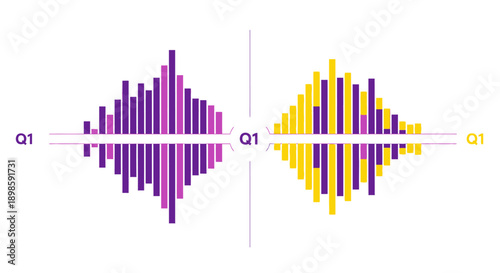 Abstract Split Bar Chart Infographic. Modern Data Comparison Diagram in Purple and Yellow for Q1 Financial, Business, and Statistical Analysis.
