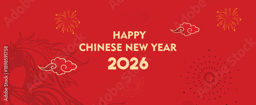 Chinese New Year 2026 Banner with fireworks and colored numbers on texture background. Year of the horse 2026 lunar new year.	
