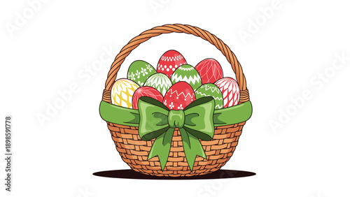 Traditional wicker basket filled with several colorful hand painted easter eggs decorated with a large green bow in front.