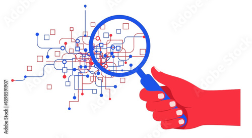 Data analysis and investigation vector: Hand with magnifying glass examining complex network system, technology research, and security debugging concept.