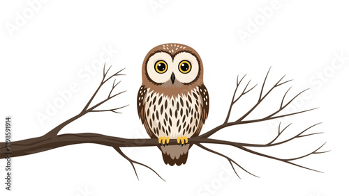 Wise little owl sitting calmly on a bare tree branch against a plain white background in a detailed flat illustration style.