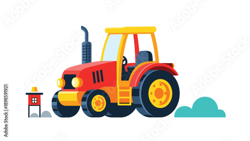 Modern red tractor with yellow accents and a large exhaust pipe illustrated in a clean flat cartoon style on a white background.