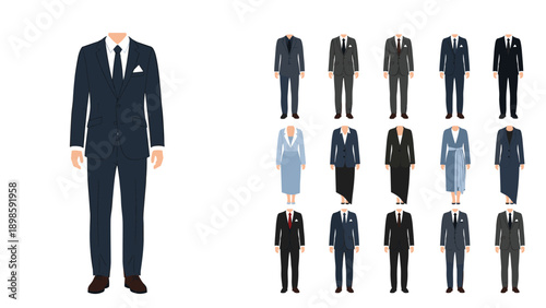 Large selection of various professional business suit templates for men and women in different colors and styles for design.