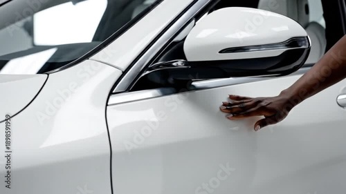 A human hand slides over a new electric car, the future of the automotive industry, the sale of eco-friendly modern crossovers at a dealership.
