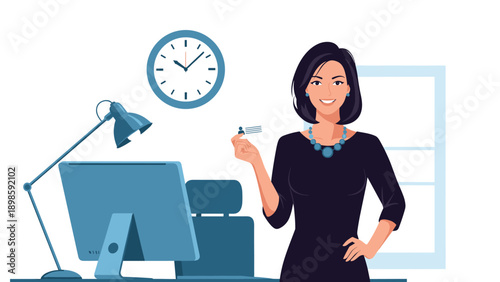 Professional businesswoman in a black dress standing in a modern office holding an identification card near her desk and computer.