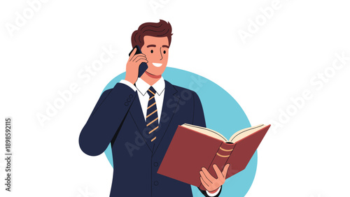 Professional businessman in a suit talking on his smartphone while holding and reading a large open book against a blue circle.