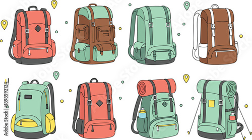 Travel backpack set illustration with hiking bags, camping gear and adventure journey elements for tourism design