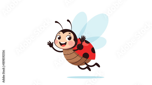 Cute cartoon ladybug character flying with its wings spread and hands waving with a joyful expression and red spotted shell.