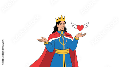 Regal young prince wearing a crown and cape standing with his hands open as a red winged heart floats above one palm.