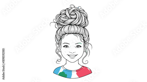 Line art illustration of a young girl with a stylish high messy bun hairstyle and a colorful shirt for fashion and beauty design.