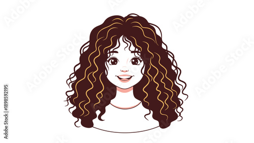 Portrait of a cute young girl with voluminous long dark curly hair featuring golden highlights and a friendly smiling face.